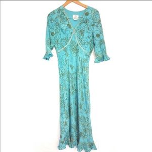 Ice 6 teal floral midi boho vintage 90s dress blue